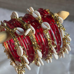 Red Glass Bangles Set Kashmiri Gold Cowrie Ghungroo Indian Wedding Bridal Jewelry - 16