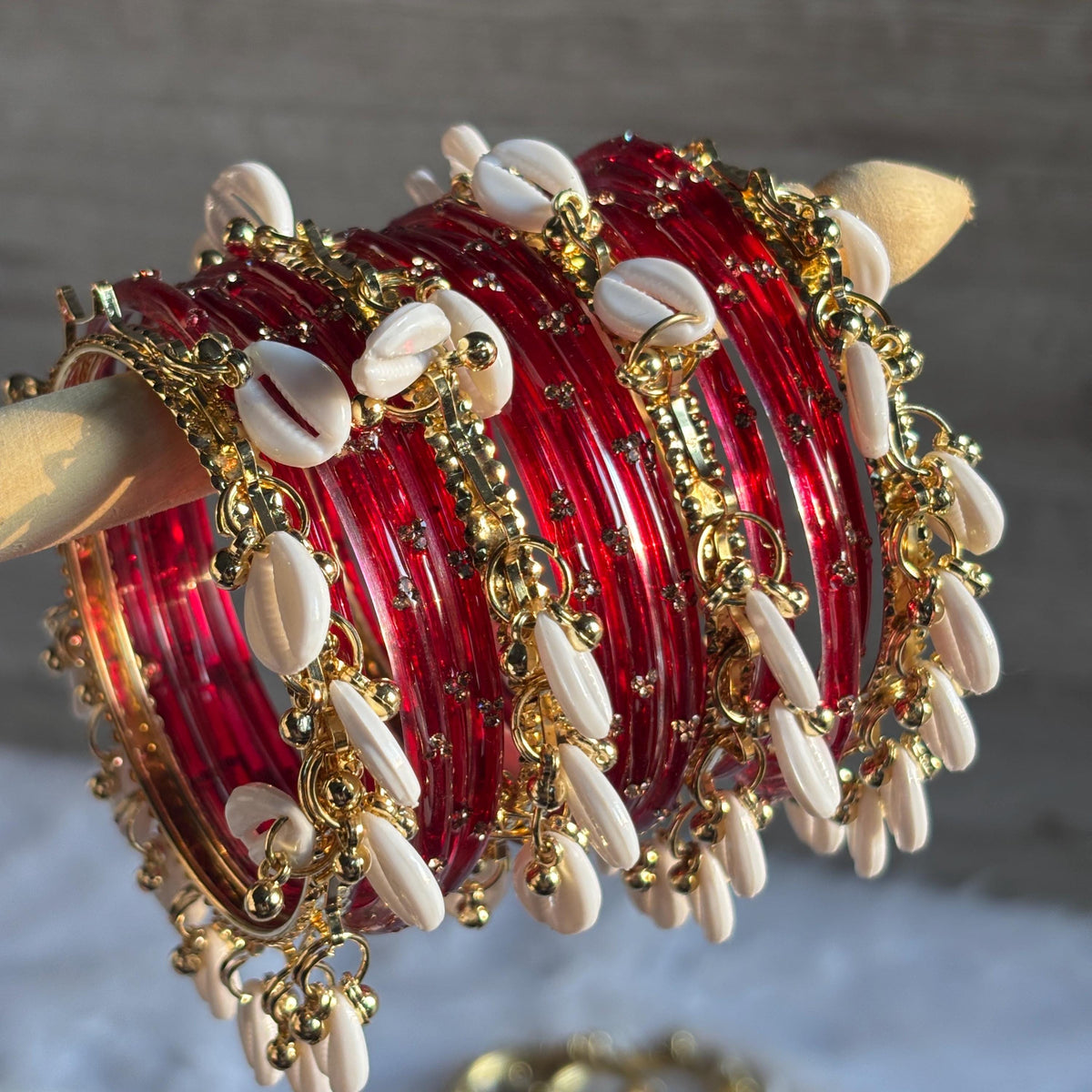 Red Glass Bangles Set Kashmiri Gold Cowrie Ghungroo Indian Wedding Bridal Jewelry - 13