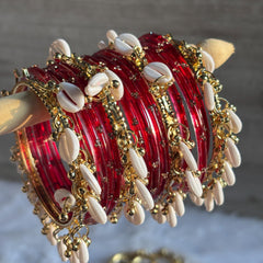 Red Glass Bangles Set Kashmiri Gold Cowrie Ghungroo Indian Wedding Bridal Jewelry - 13