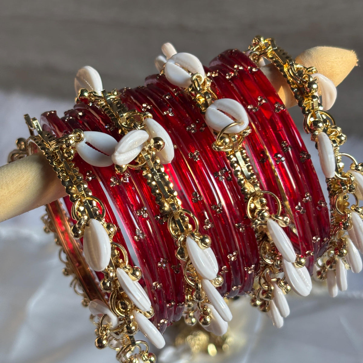 Red Glass Bangles Set Kashmiri Gold Cowrie Ghungroo Indian Wedding Bridal Jewelry - 17