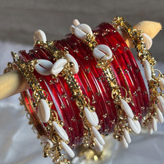Red Glass Bangles Set Kashmiri Gold Cowrie Ghungroo Indian Wedding Bridal Jewelry - 17