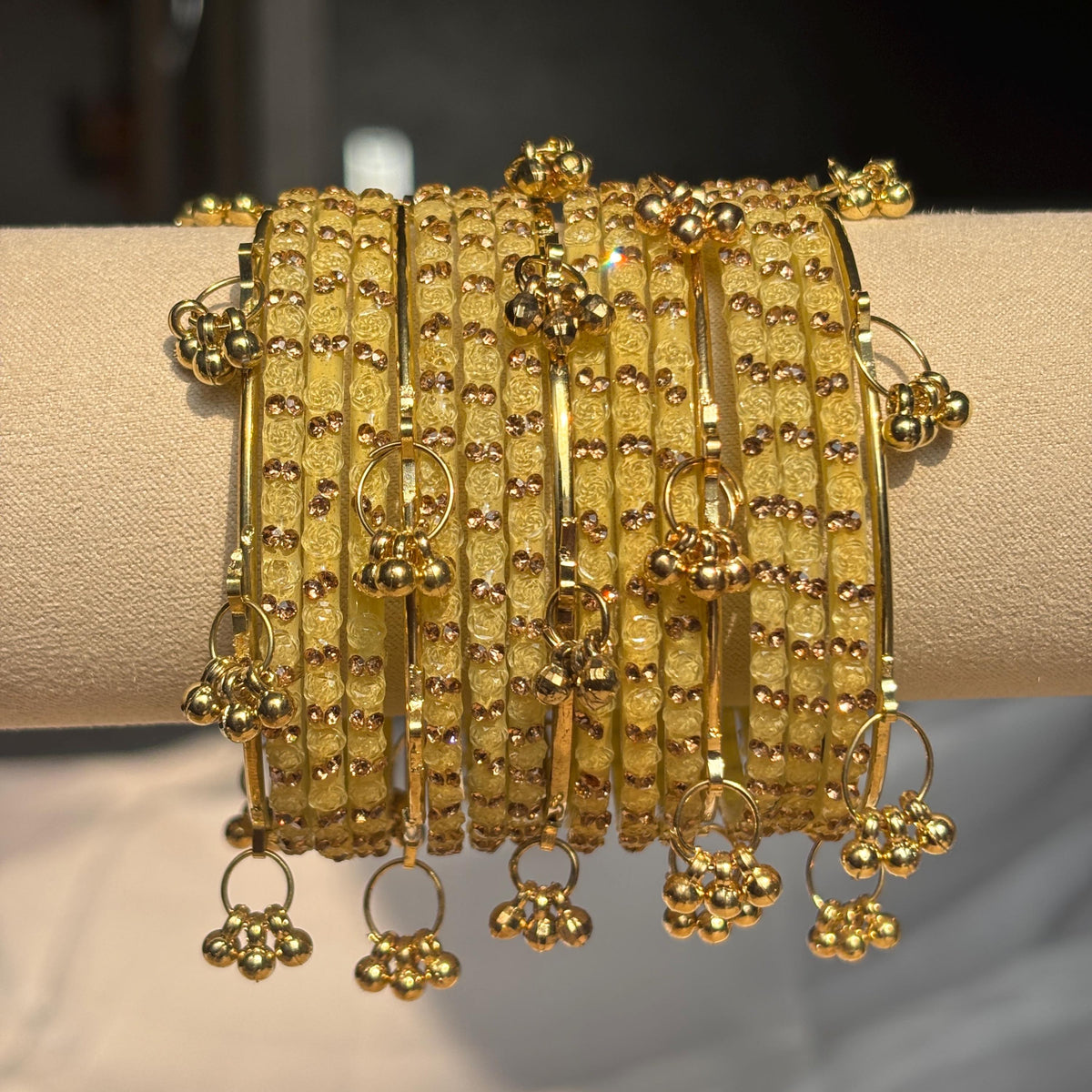 Rose Beige Kashmiri Glass Bangles Set Raindrop Indian Bridal Churiyan Pakistani Wedding Jewelry - 6