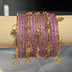 Lavender Rose Kashmiri Glass Bangles Set Gold Ghungroos Indian Bridal Wedding Jewelry - 7