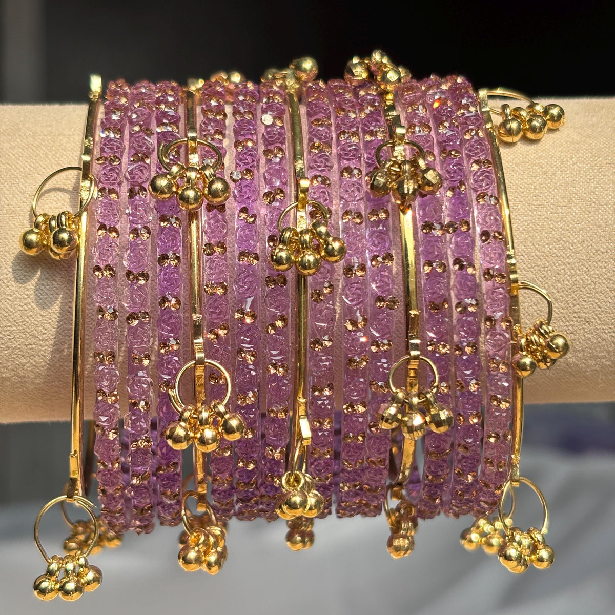 Lavender Rose Kashmiri Glass Bangles Set Gold Ghungroos Indian Bridal Wedding Jewelry - 4