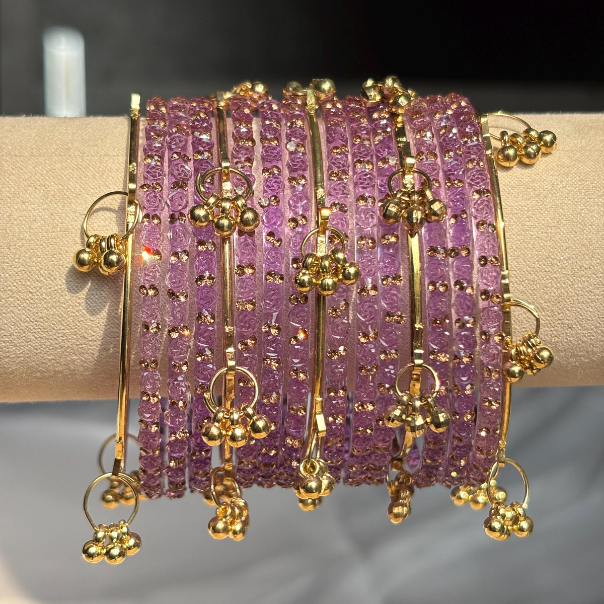 Lavender Rose Kashmiri Glass Bangles Set Gold Ghungroos Indian Bridal Wedding Jewelry - 13