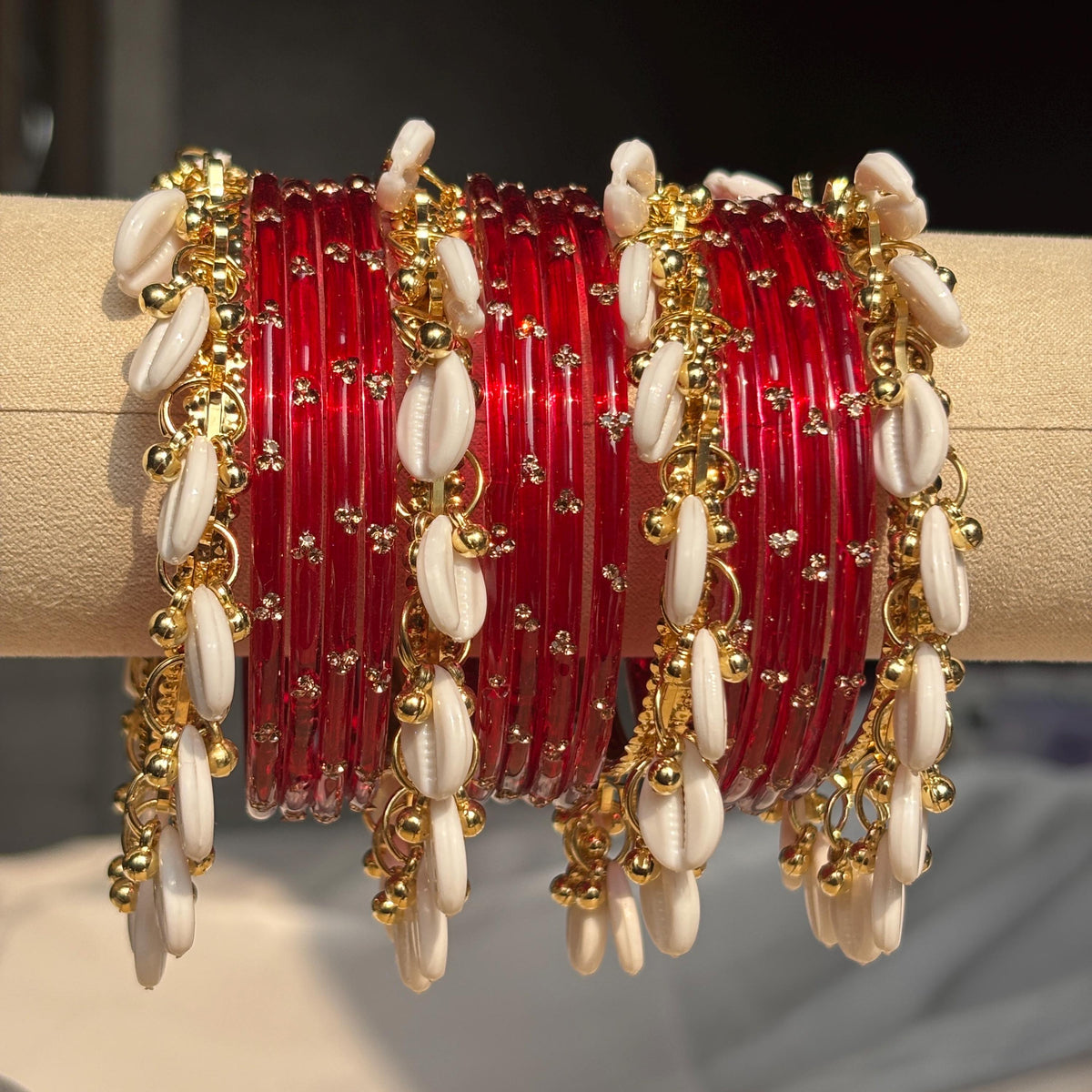 Red Glass Bangles Set Kashmiri Gold Cowrie Ghungroo Indian Wedding Bridal Jewelry - 15