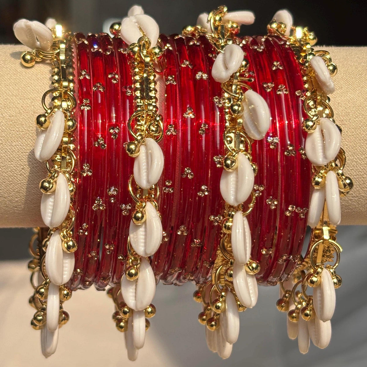 Red Glass Bangles Set Kashmiri Gold Cowrie Ghungroo Indian Wedding Bridal Jewelry - 3