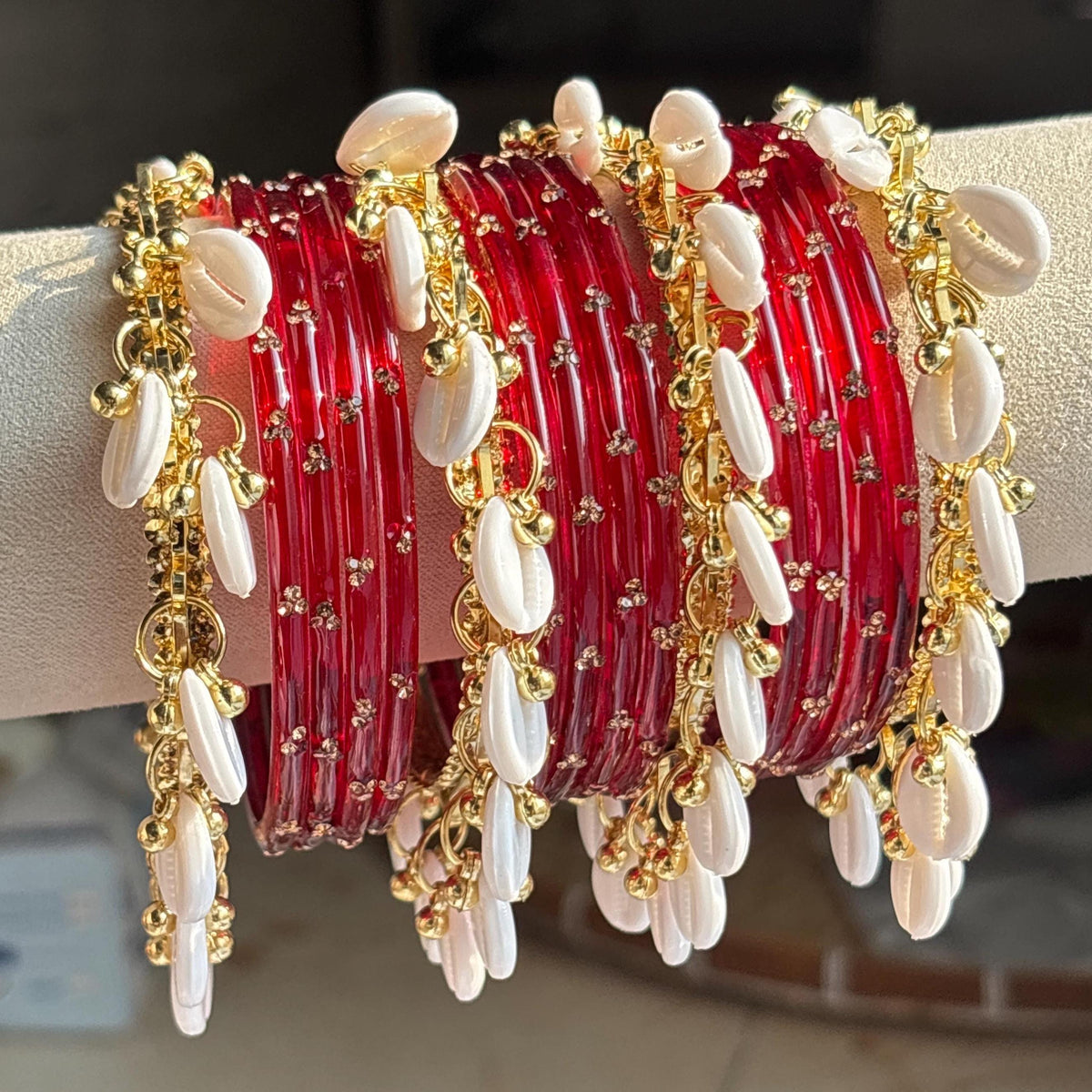 Red Glass Bangles Set Kashmiri Gold Cowrie Ghungroo Indian Wedding Bridal Jewelry - 10