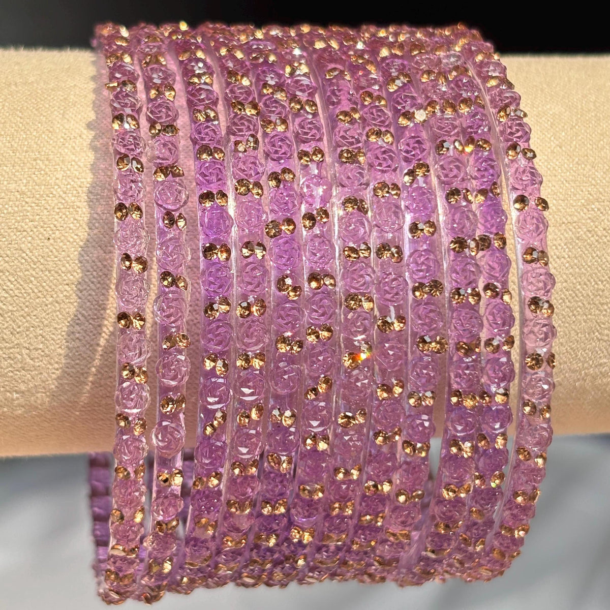 Lavender Rose Kashmiri Glass Bangles Set Gold Ghungroos Indian Bridal Wedding Jewelry - 3