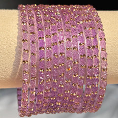 Lavender Rose Kashmiri Glass Bangles Set Gold Ghungroos Indian Bridal Wedding Jewelry - 3