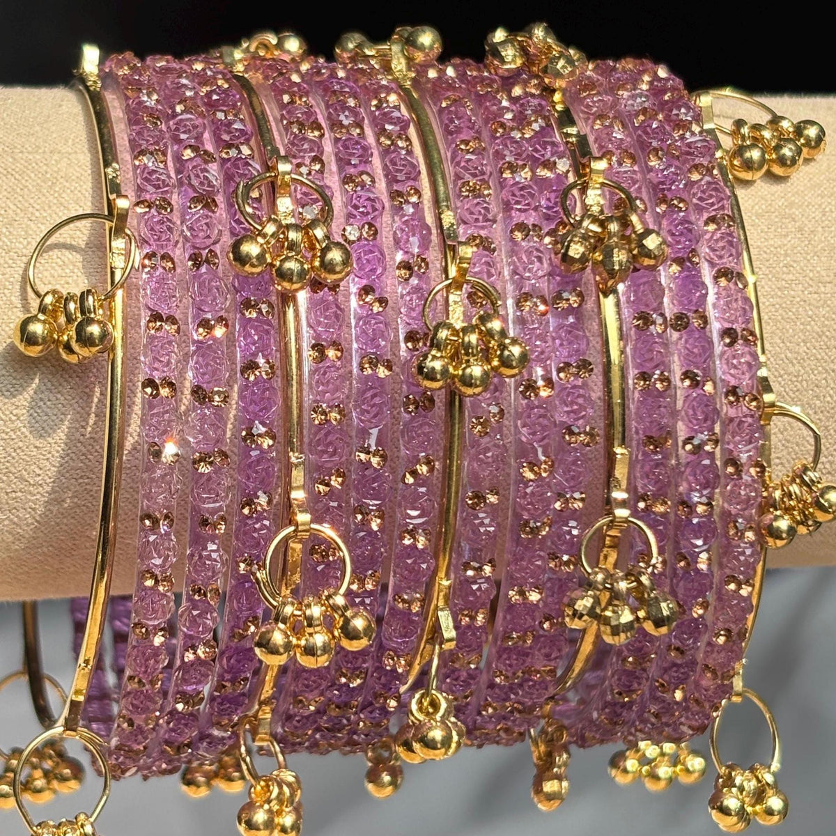Lavender Rose Kashmiri Glass Bangles Set Gold Ghungroos Indian Bridal Wedding Jewelry - 2