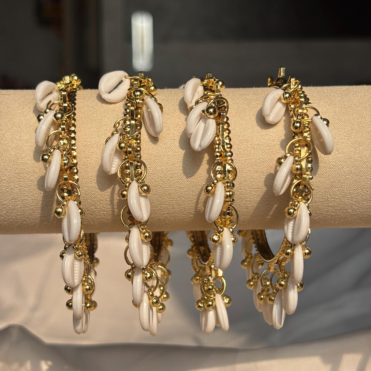 Red Glass Bangles Set Kashmiri Gold Cowrie Ghungroo Indian Wedding Bridal Jewelry - 9