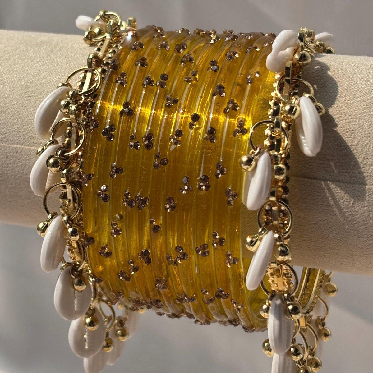 Kashmiri Raindrop Bangles Set Of 3 Gold Cowrie Shell Ghungroo Indian Wedding Jewelry - 13