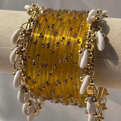 Kashmiri Raindrop Bangles Set Of 3 Gold Cowrie Shell Ghungroo Indian Wedding Jewelry - 13