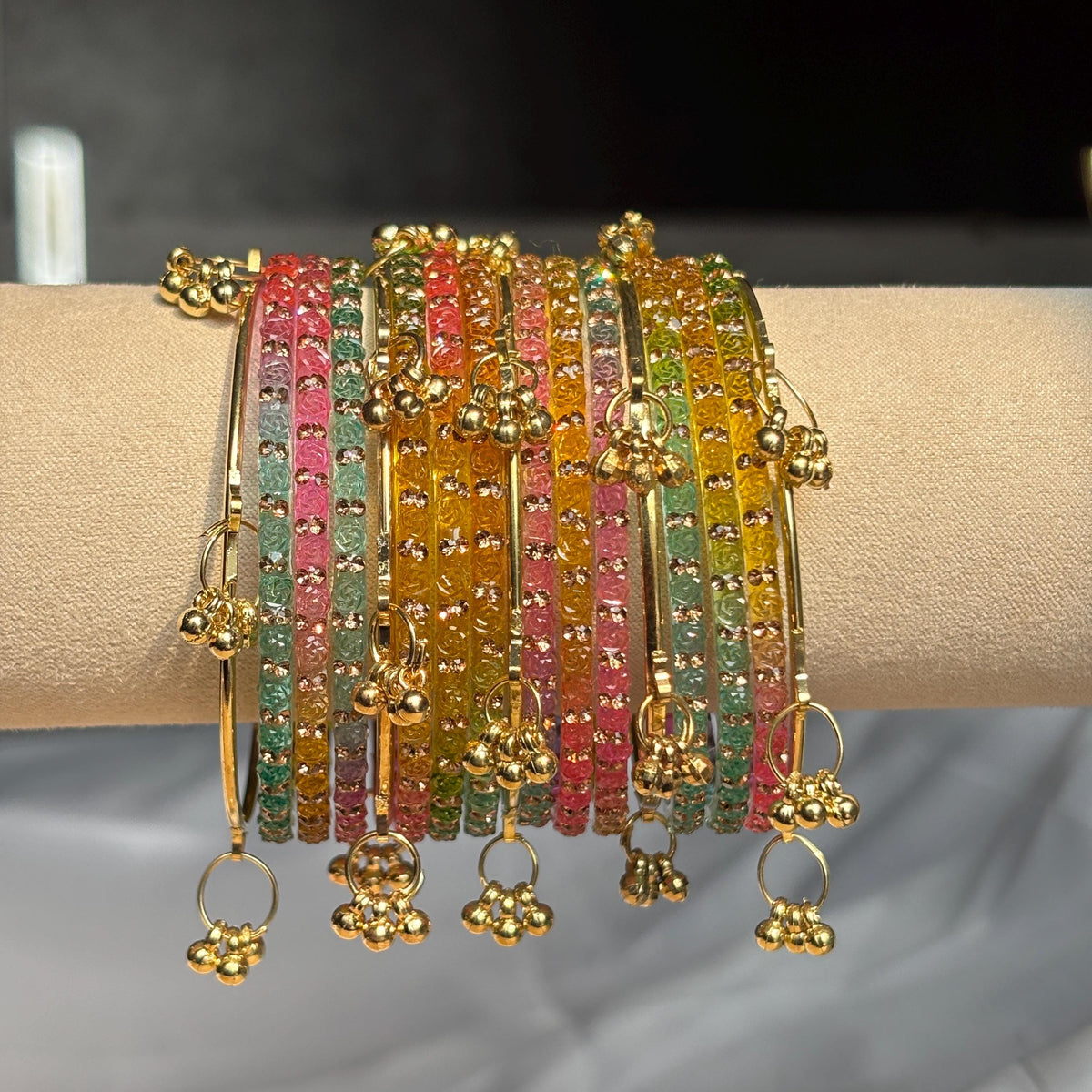 Multicolor Glass Bangles Set | Gold Kashmiri Ghungroo | South Indian Bridal | Wedding Jewelry - 19
