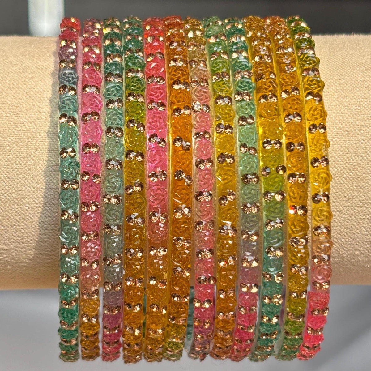 Multicolor Glass Bangles Set | Gold Kashmiri Ghungroo | South Indian Bridal | Wedding Jewelry - 18