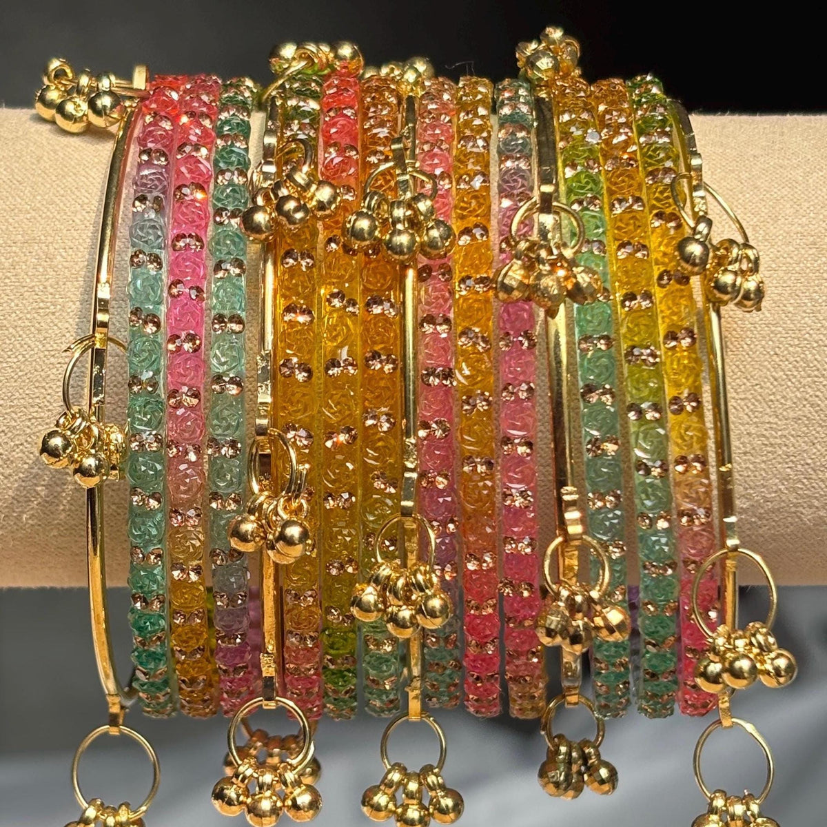 Multicolor Glass Bangles Set | Gold Kashmiri Ghungroo | South Indian Bridal | Wedding Jewelry - 20