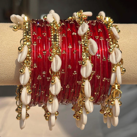 Red Glass Bangles Set Kashmiri Gold Cowrie Ghungroo Indian Wedding Bridal Jewelry