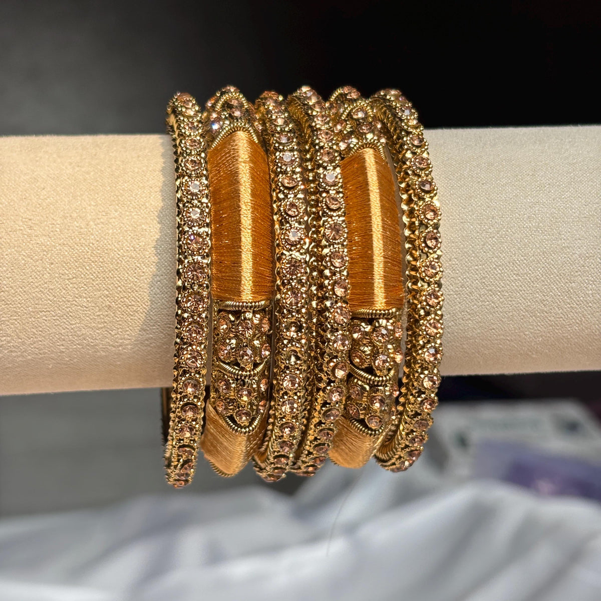 Antique Gold Kundan Kada Bangles Champagne Stone Bridal Jewelry Indian Chuda Wedding Set - 2