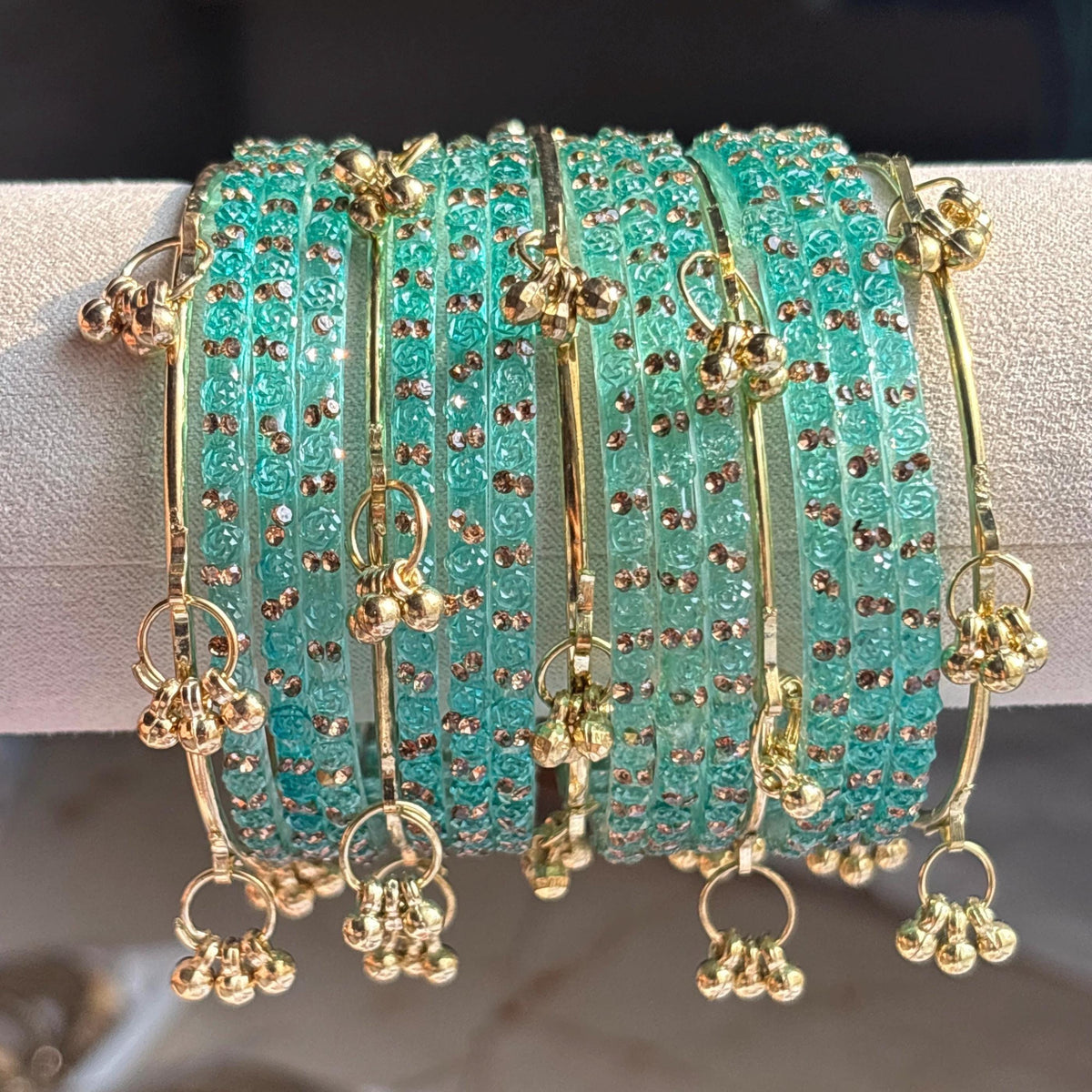 Teal Rose Glass Bangles Set Kashmiri Gold Ghungroo Indian Bridal Wedding Jewelry - 3