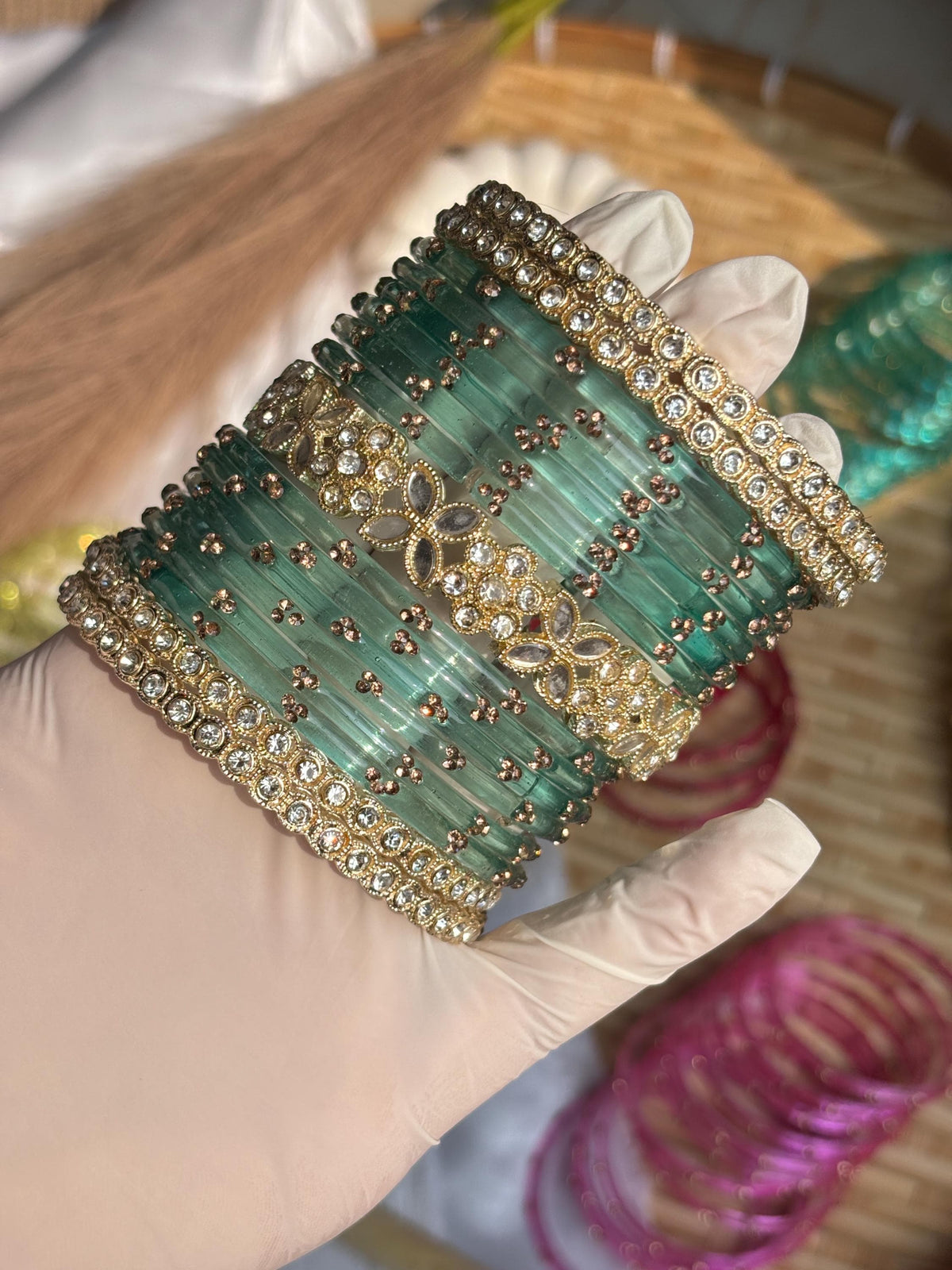 Seafoam Kashmiri Glass Bangles Gold Rhinestone Kada Teal Indian Wedding Bangle Set - 7