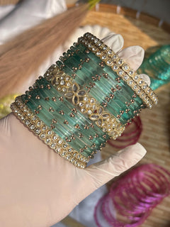 Seafoam Kashmiri Glass Bangles Gold Rhinestone Kada Teal Indian Wedding Bangle Set - 7