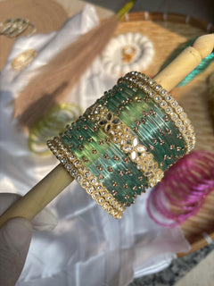 Seafoam Kashmiri Glass Bangles Gold Rhinestone Kada Teal Indian Wedding Bangle Set - 4