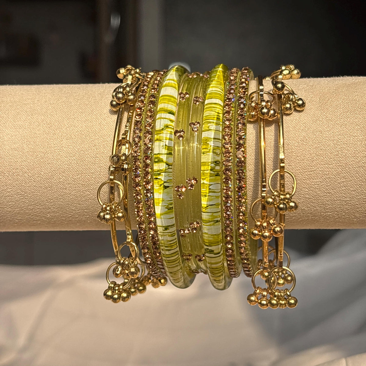 Colorful Bangles Set Gold Ghungroo Beaded Kashmiri Churiyan Indian Bridal Jewelry - 8