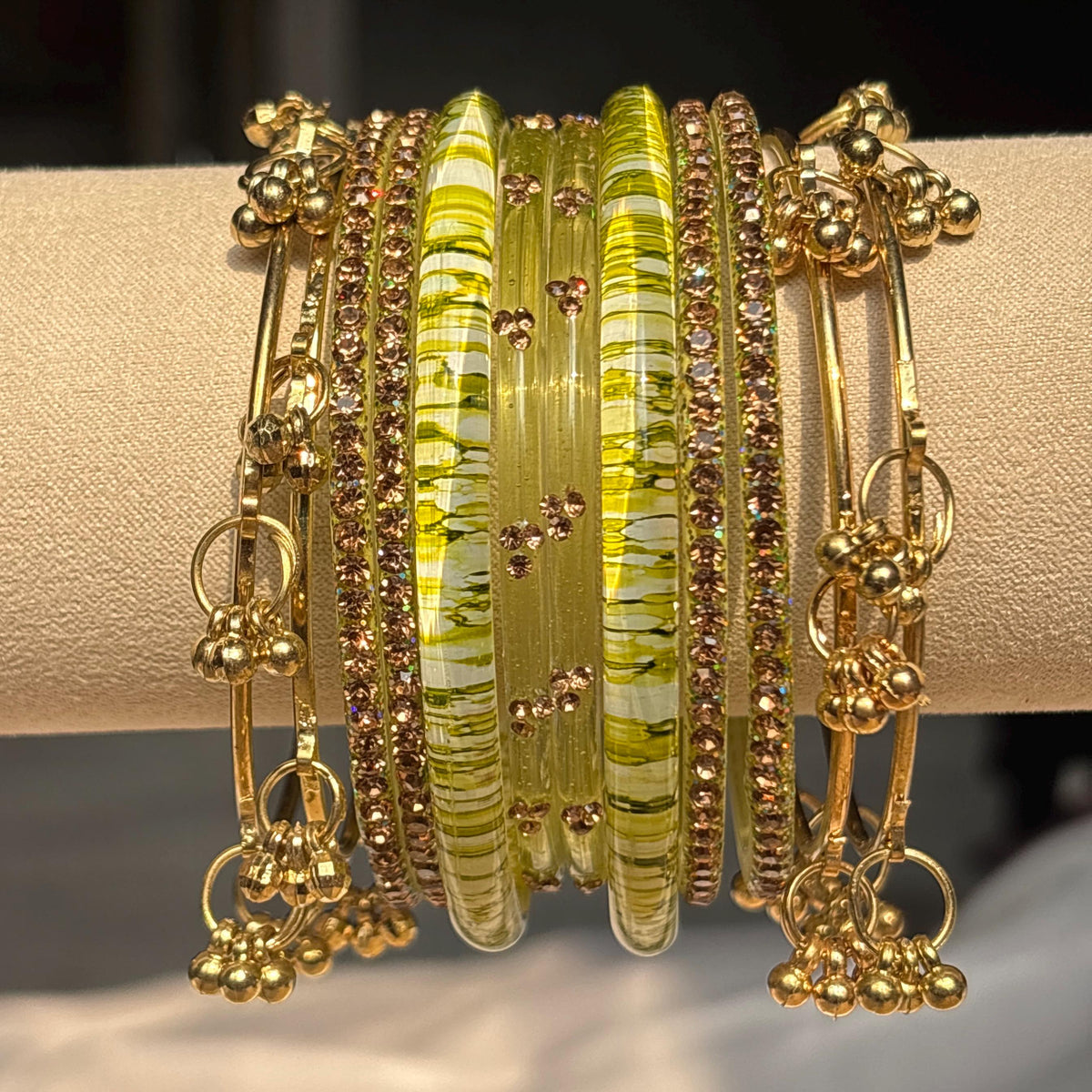 Colorful Bangles Set Gold Ghungroo Beaded Kashmiri Churiyan Indian Bridal Jewelry - 6