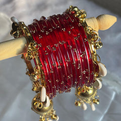 Red Glass Bangles Cowrie Shell Jhumka Kada Kashmiri Churiyan Wedding Set - 11