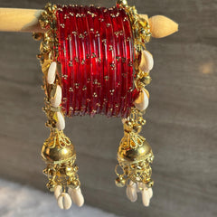 Red Glass Bangles Cowrie Shell Jhumka Kada Kashmiri Churiyan Wedding Set - 4