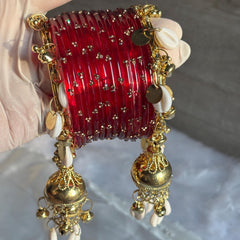 Red Glass Bangles Cowrie Shell Jhumka Kada Kashmiri Churiyan Wedding Set - 16