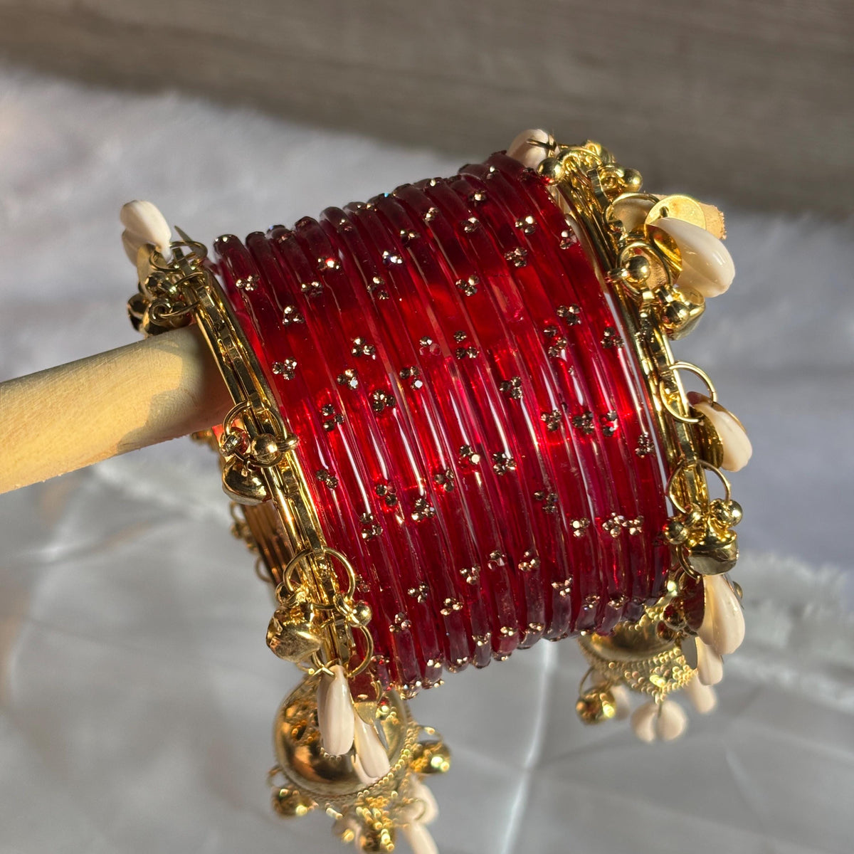 Red Glass Bangles Cowrie Shell Jhumka Kada Kashmiri Churiyan Wedding Set - 17