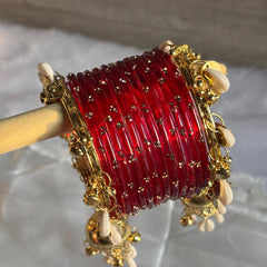Red Glass Bangles Cowrie Shell Jhumka Kada Kashmiri Churiyan Wedding Set - 17