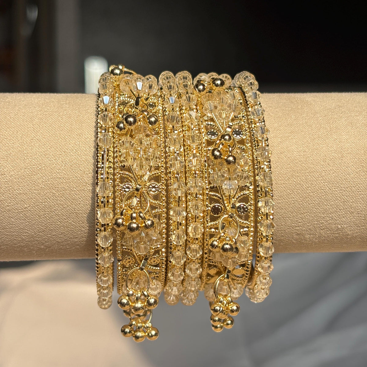 Beige Kashmiri Glass Cream Bangles Rhinestone Kada Indian Bridal Wedding Jewelry Set - 11