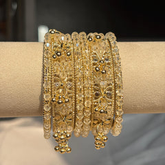 Beige Kashmiri Glass Cream Bangles Rhinestone Kada Indian Bridal Wedding Jewelry Set - 11