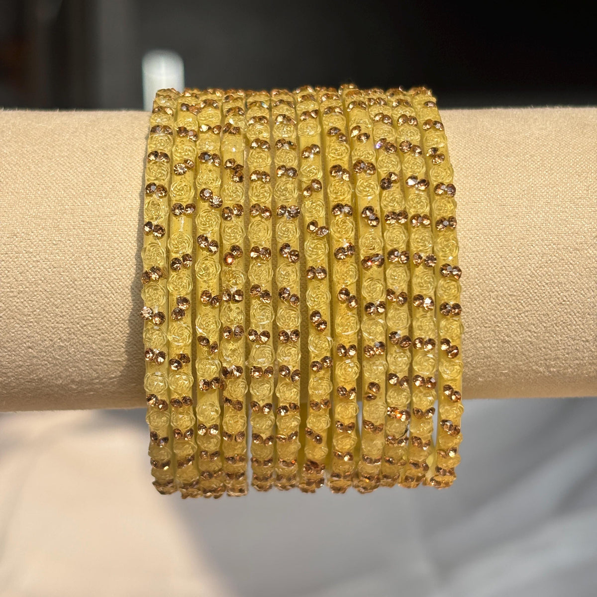 Beige Kashmiri Glass Cream Bangles Rhinestone Kada Indian Bridal Wedding Jewelry Set - 2