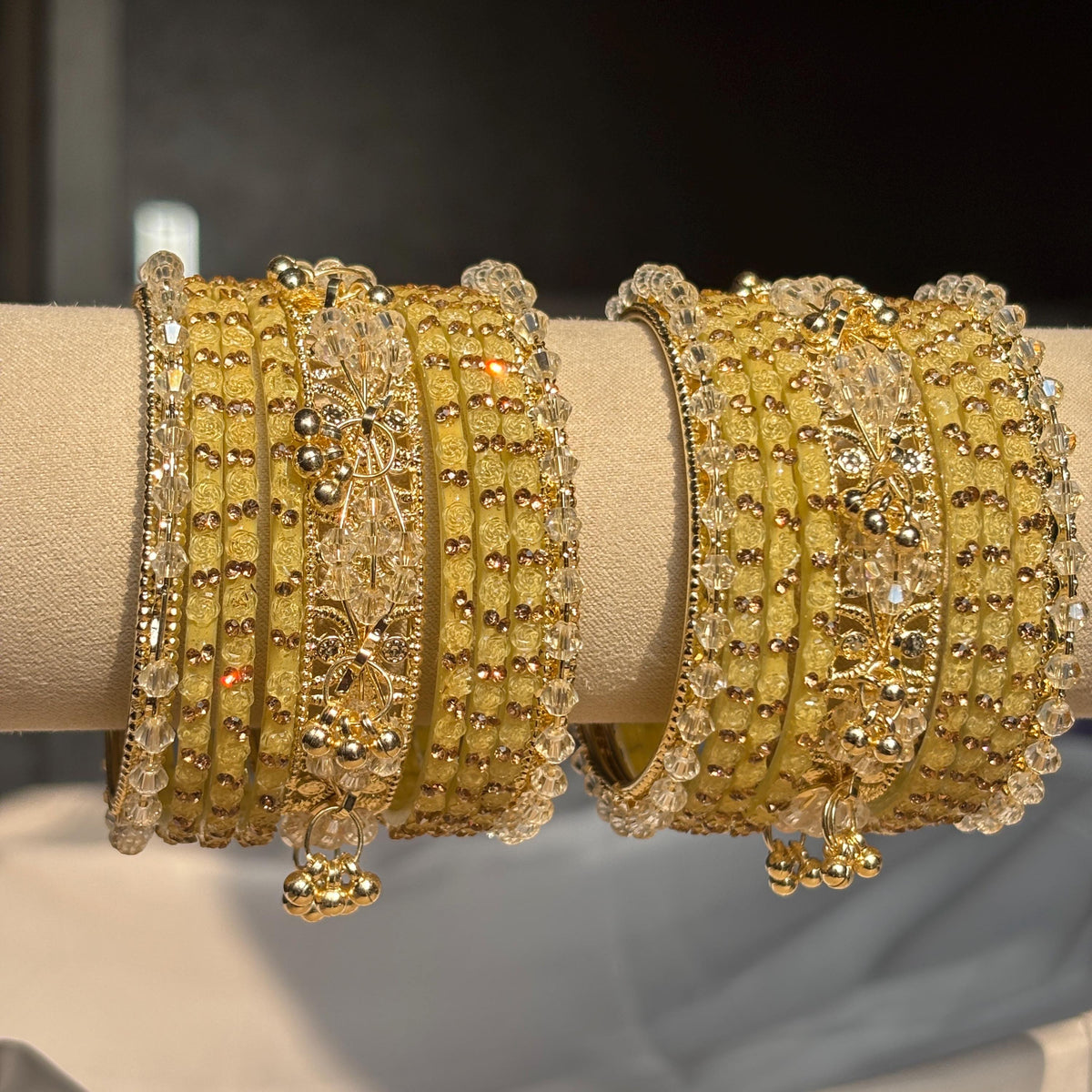 Beige Kashmiri Glass Cream Bangles Rhinestone Kada Indian Bridal Wedding Jewelry Set - 12