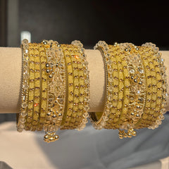 Beige Kashmiri Glass Cream Bangles Rhinestone Kada Indian Bridal Wedding Jewelry Set - 12