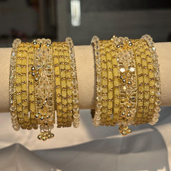 Beige Kashmiri Glass Cream Bangles Rhinestone Kada Indian Bridal Wedding Jewelry Set - 4
