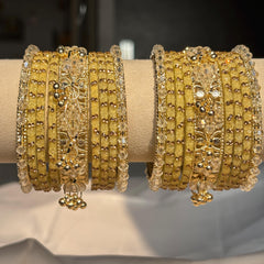 Beige Kashmiri Glass Cream Bangles Rhinestone Kada Indian Bridal Wedding Jewelry Set - 7