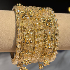 Beige Kashmiri Glass Cream Bangles Rhinestone Kada Indian Bridal Wedding Jewelry Set - 3