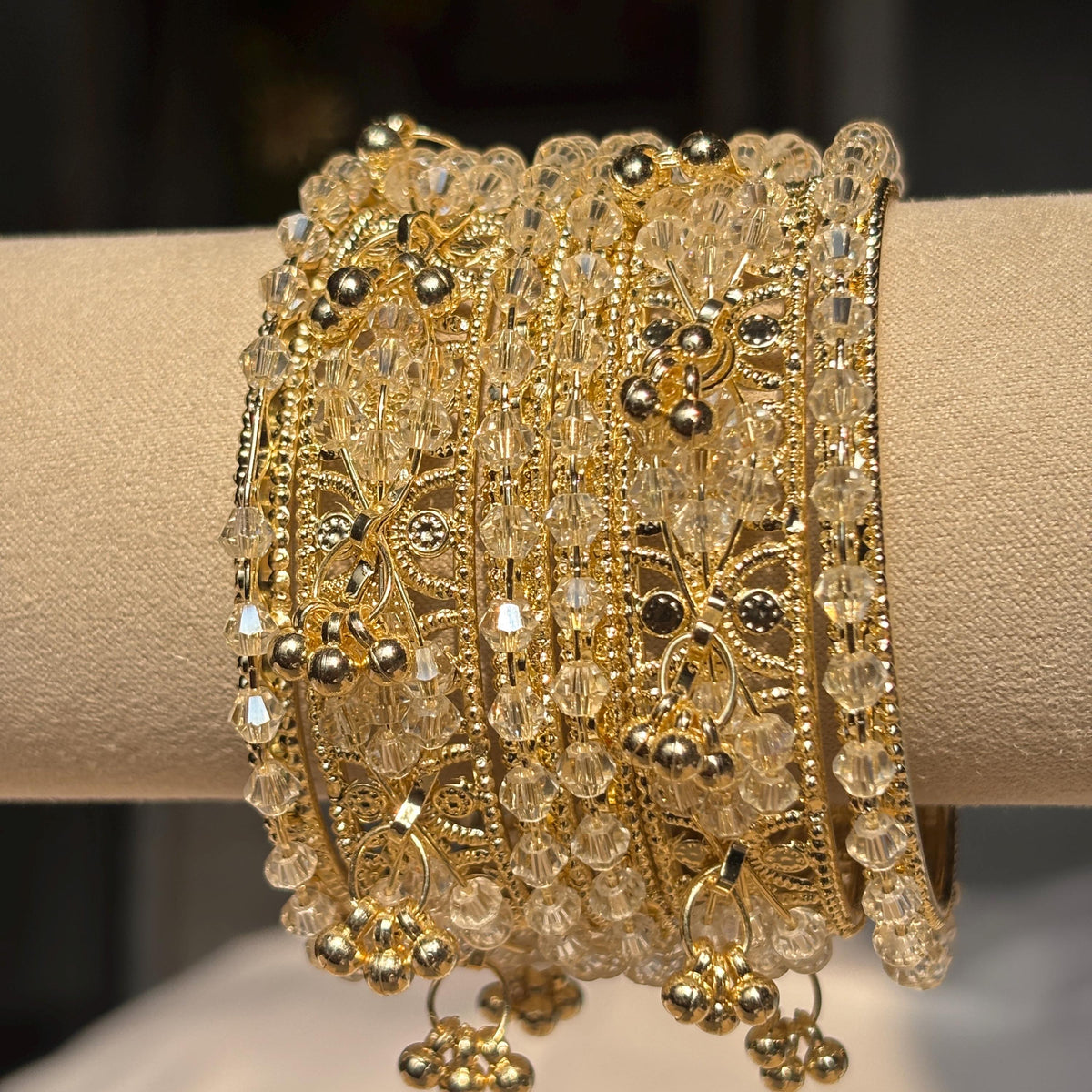 Beige Kashmiri Glass Cream Bangles Rhinestone Kada Indian Bridal Wedding Jewelry Set - 9