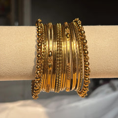 Antique Gold Kada Beaded Bangle Set Metal Churi Stack Indian Wedding Festive - 9