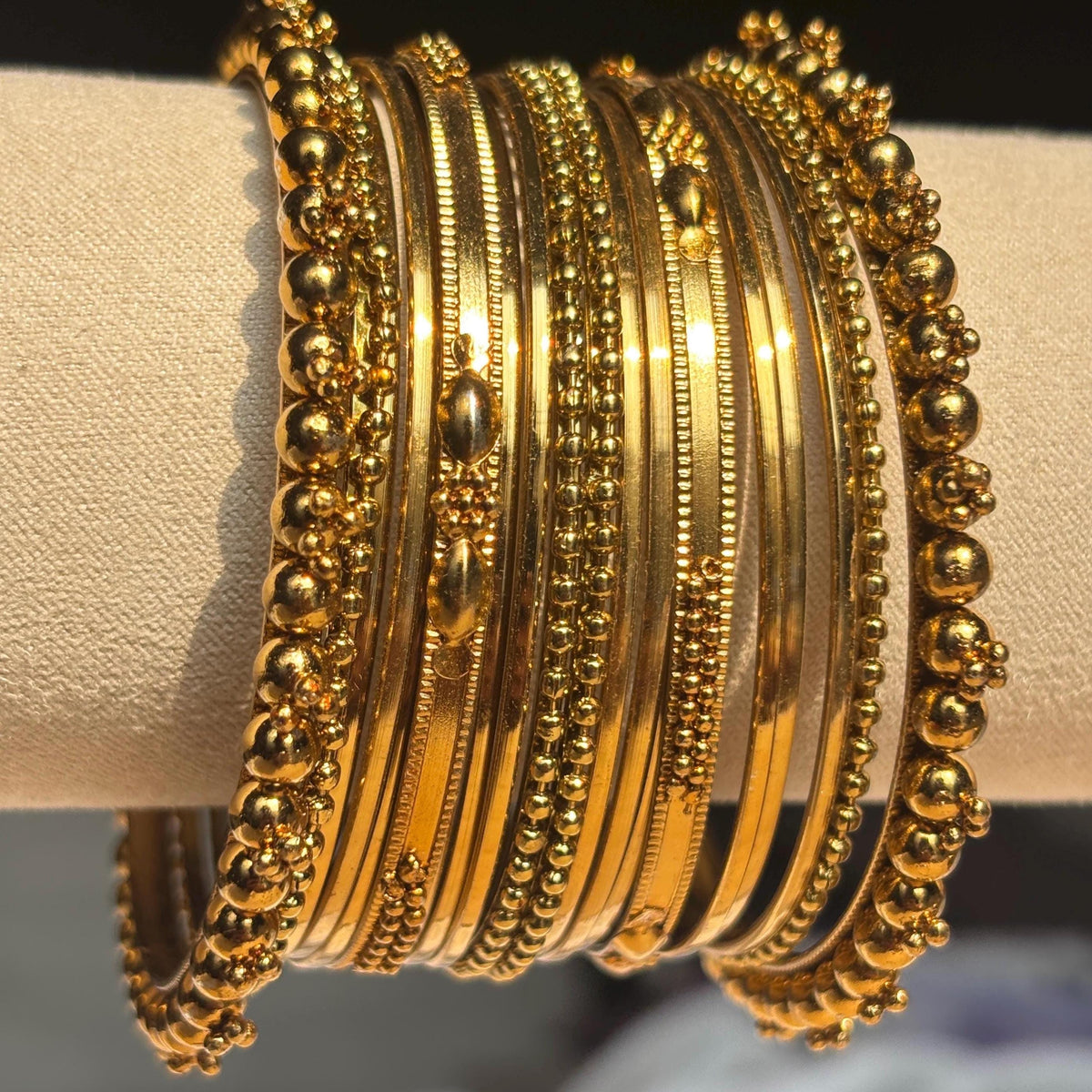 Antique Gold Kada Beaded Bangle Set Metal Churi Stack Indian Wedding Festive - 2