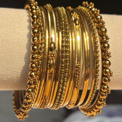 Antique Gold Kada Beaded Bangle Set Metal Churi Stack Indian Wedding Festive - 2