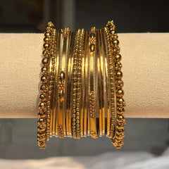 Antique Gold Kada Beaded Bangle Set Metal Churi Stack Indian Wedding Festive - 3