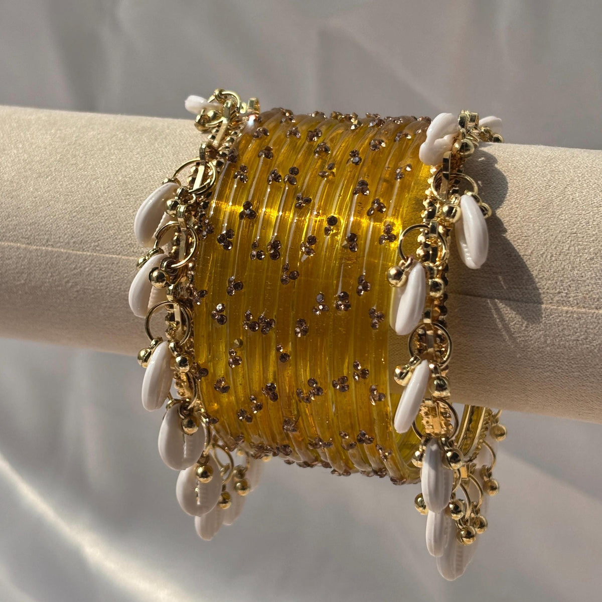 Ghungroo Bangles Yellow Red Seafoam Cowrie Shell Kashmiri Churiyan Indian Diwali Bangles Set - 3