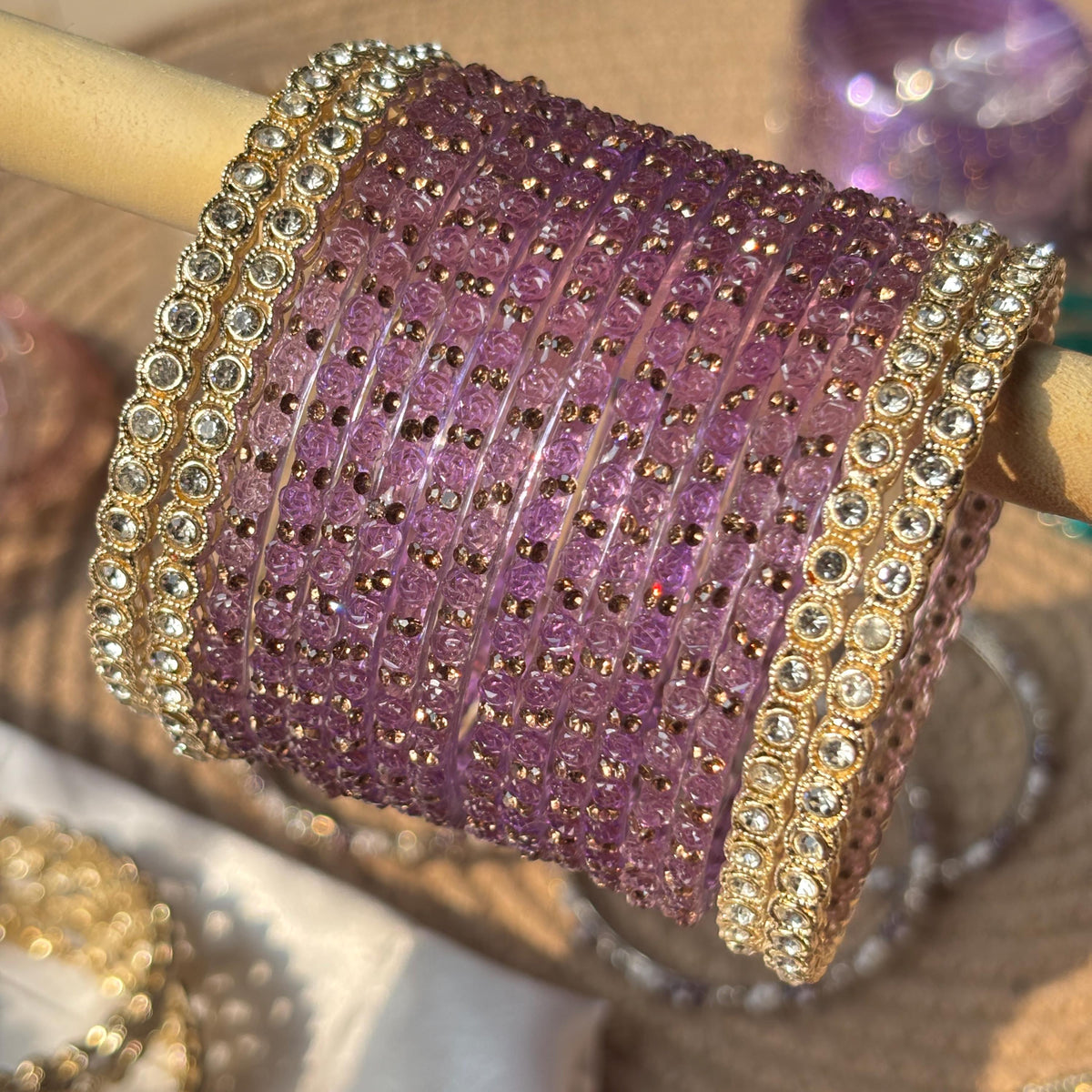 Lavender Glass Bangles Gold Rhinestone Kada Kashmiri Churiyan Indian Wedding Bridal Set