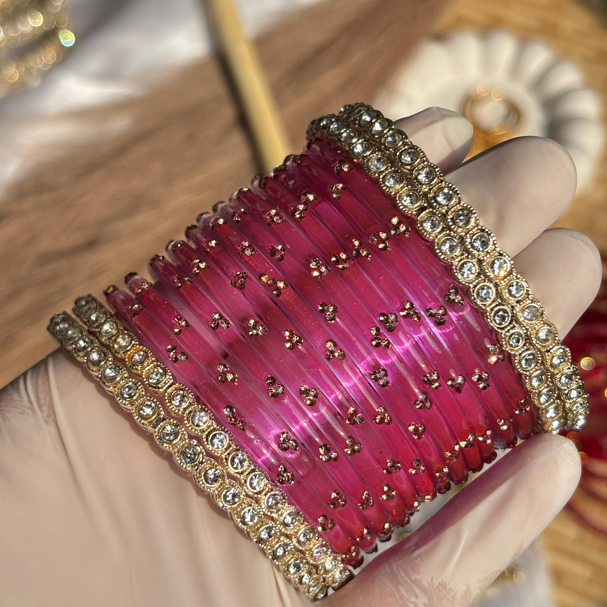 Pink Glass Bangles Gold Rhinestone Kada Kashmiri Churiyan Indian Wedding Bridal Set - 7
